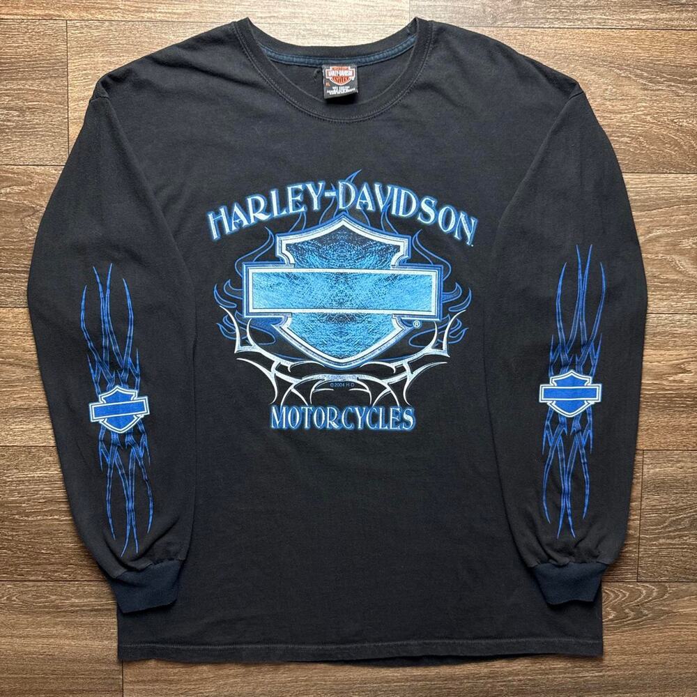 Y2K Harley Davidson x Sturgis Black Long Sleeve Tee w/ Blue Flame Design & Logo